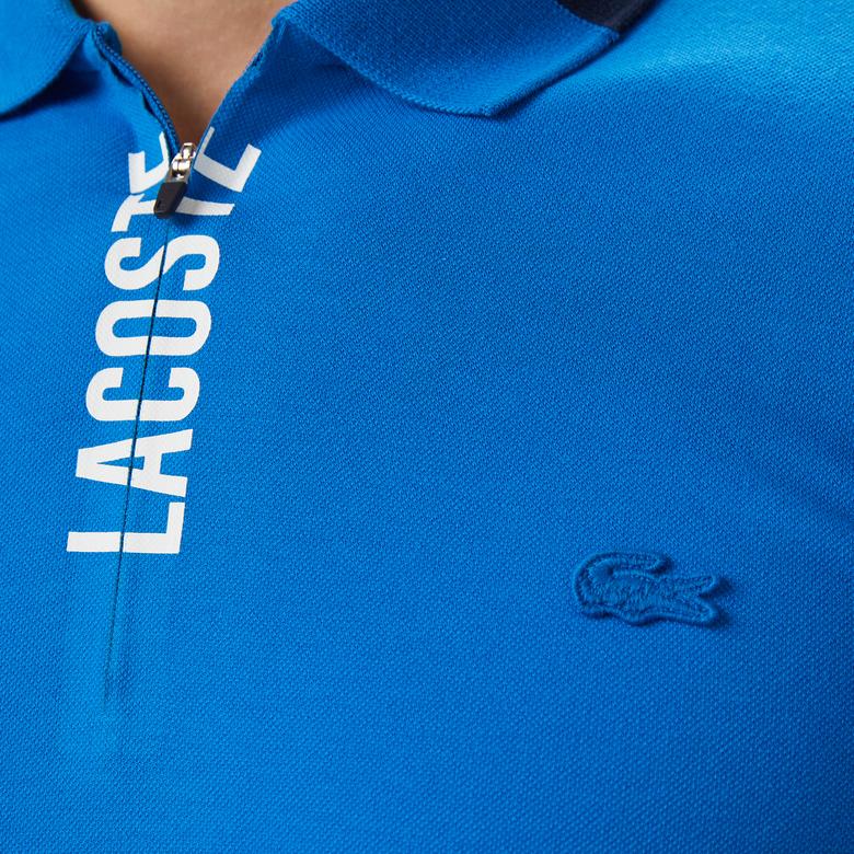 Erkek Regular Fit Yarım Fermuarlı Baskılı Mavi Polo