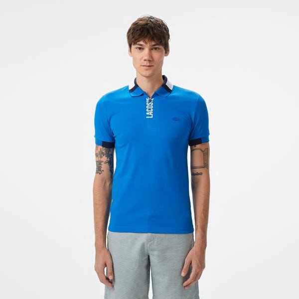 Erkek Regular Fit Yarım Fermuarlı Baskılı Mavi Polo