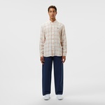 Erkek Regular Fit Ekose Keten Açık Kahverengi Gömlek