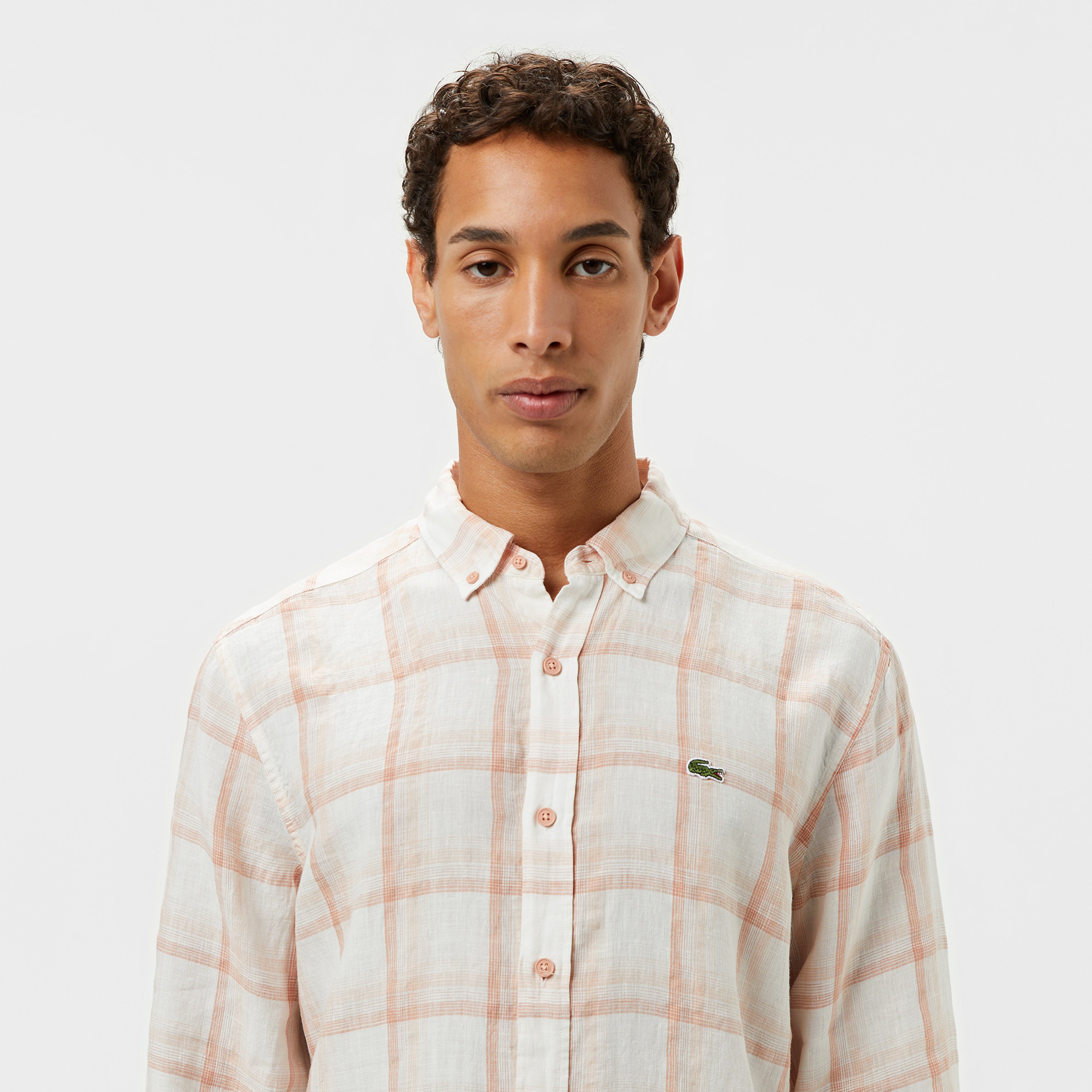 Erkek Regular Fit Ekose Keten Açık Kahverengi Gömlek