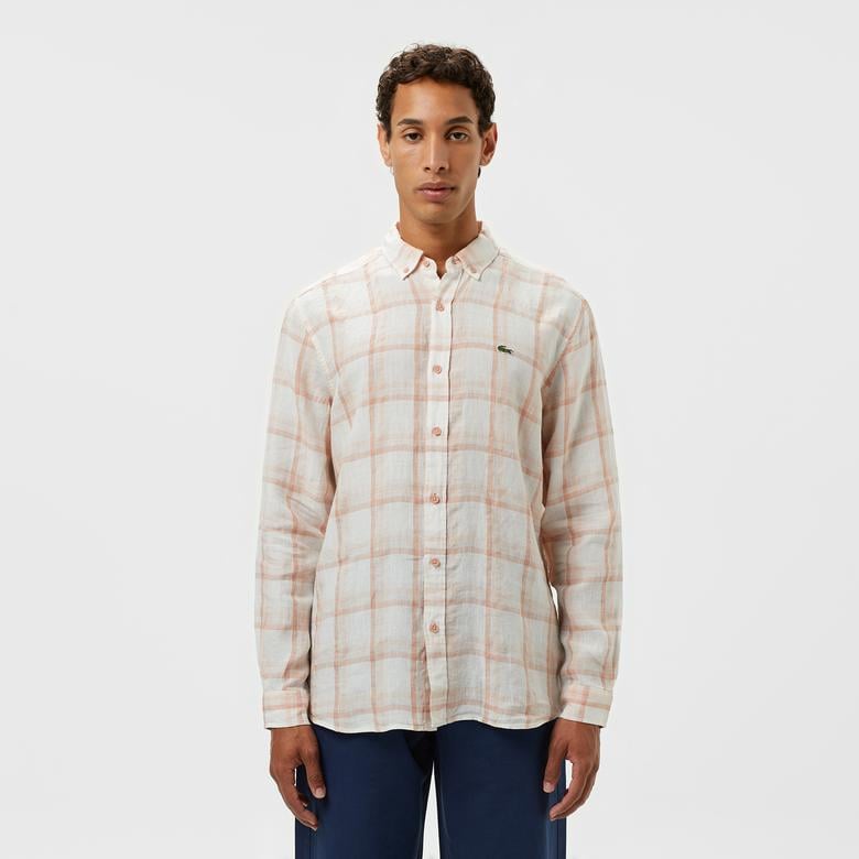 Erkek Regular Fit Ekose Keten Açık Kahverengi Gömlek