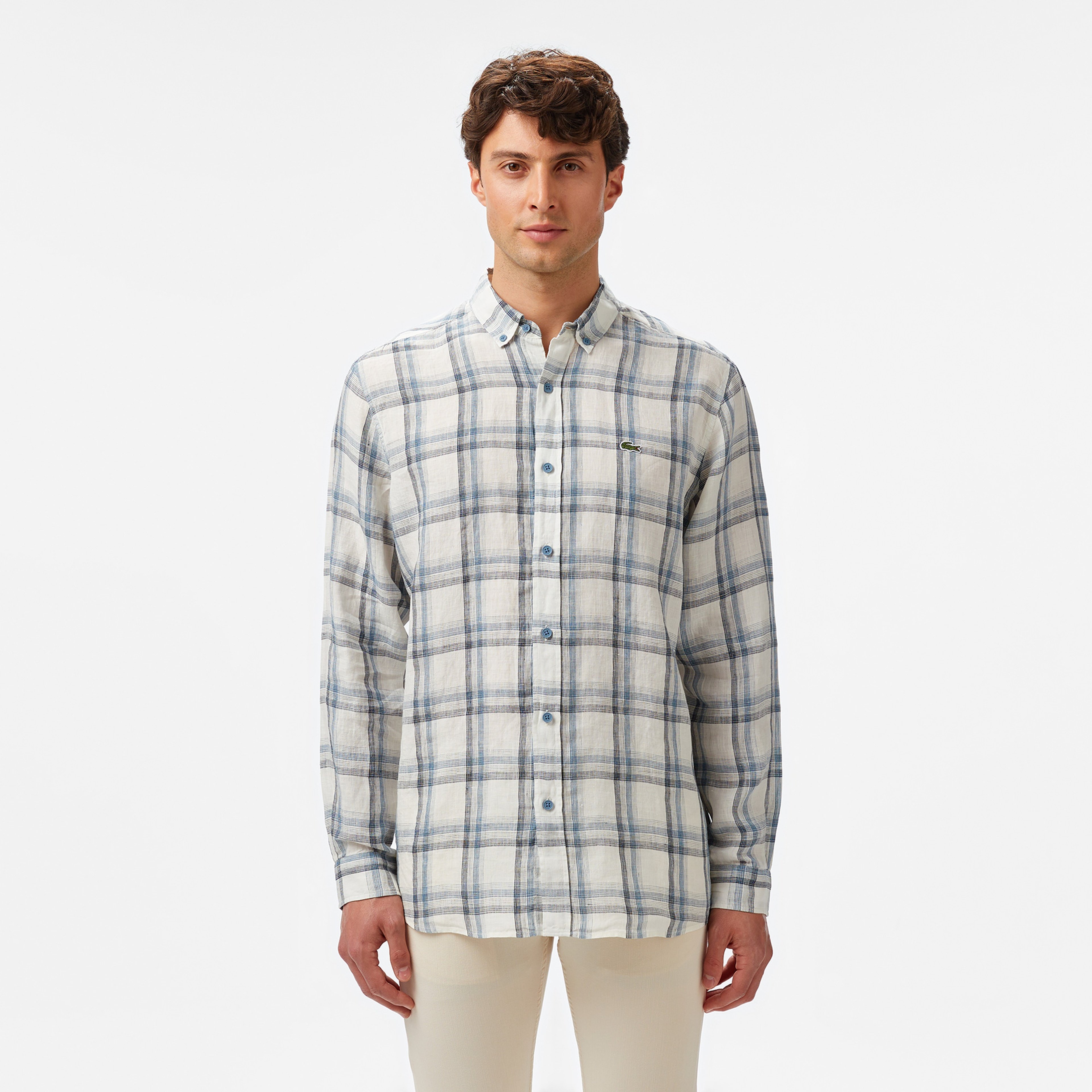 Erkek Regular Fit Ekose Keten Koyu Mavi Gömlek