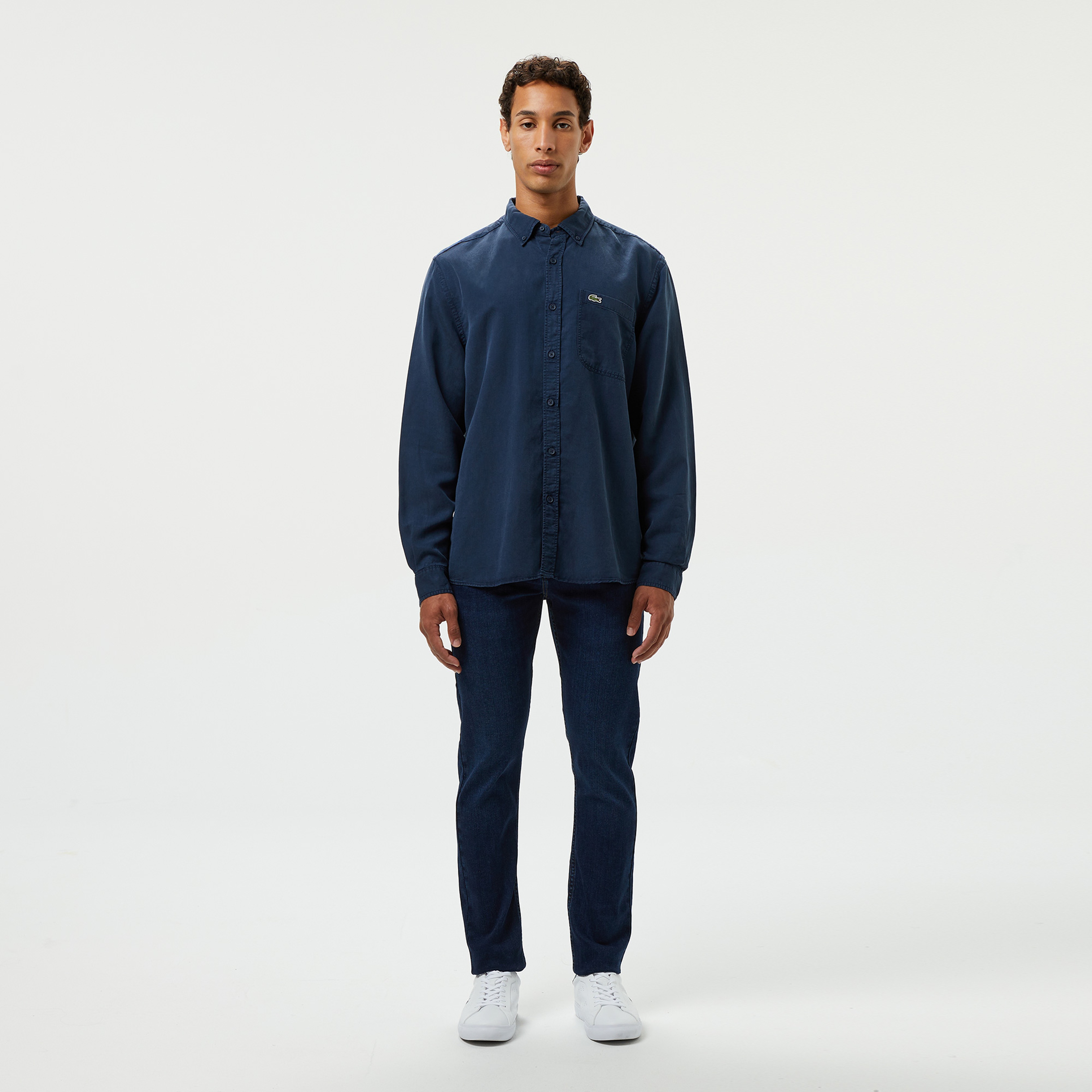 Erkek Slim Fit Düğmeli Yaka Lacivert Gömlek