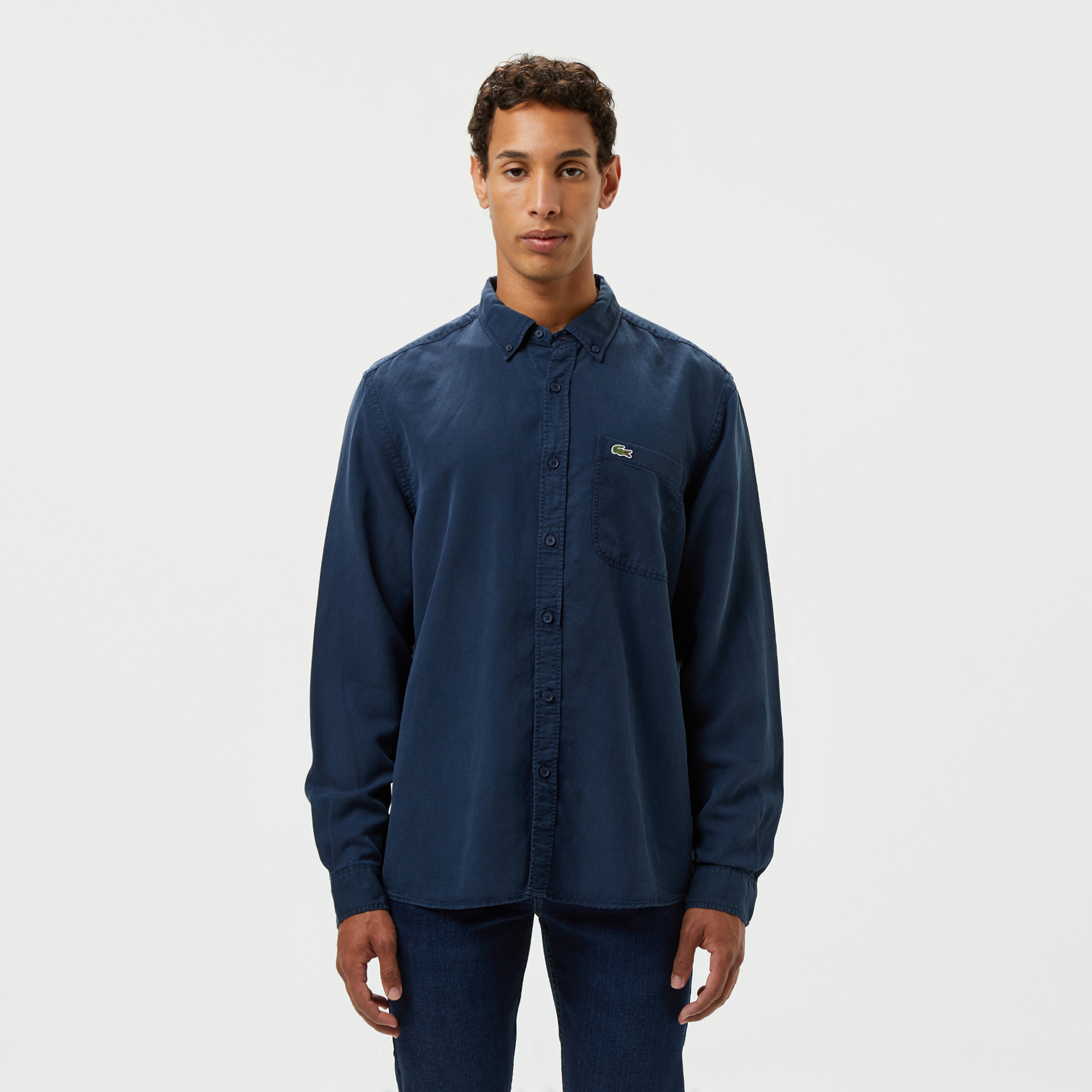 Erkek Slim Fit Düğmeli Yaka Lacivert Gömlek