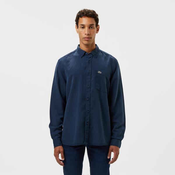 Erkek Slim Fit Düğmeli Yaka Lacivert Gömlek