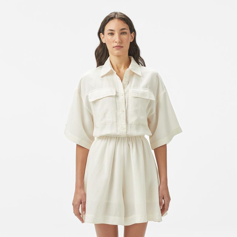 Kadın Flare Fit Kısa Kollu Gömlek Yaka Beyaz Elbise