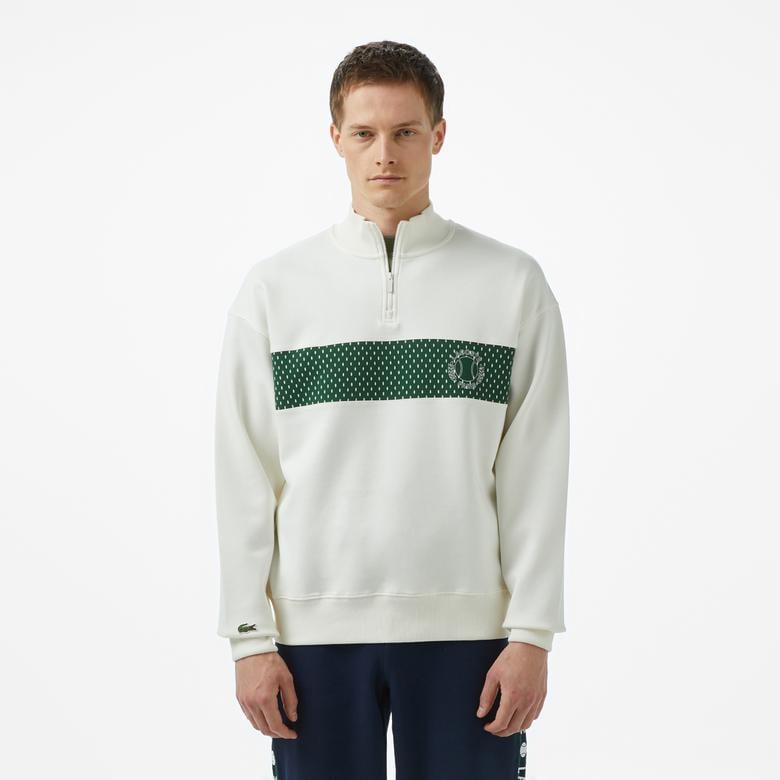 Erkek Loose Fit Yarım Fermuarlı Baskılı Beyaz Sweatshirt