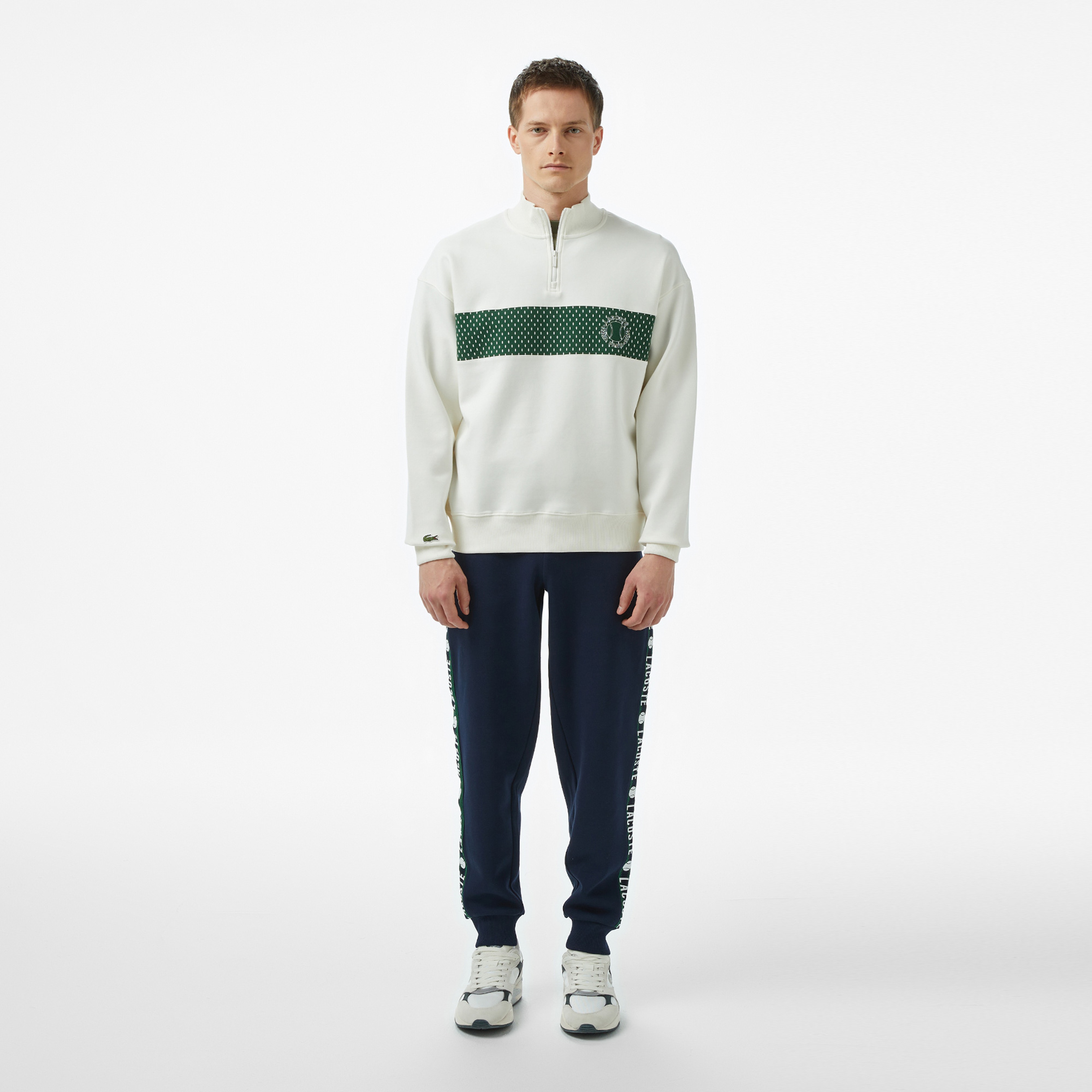 Erkek Loose Fit Yarım Fermuarlı Baskılı Beyaz Sweatshirt