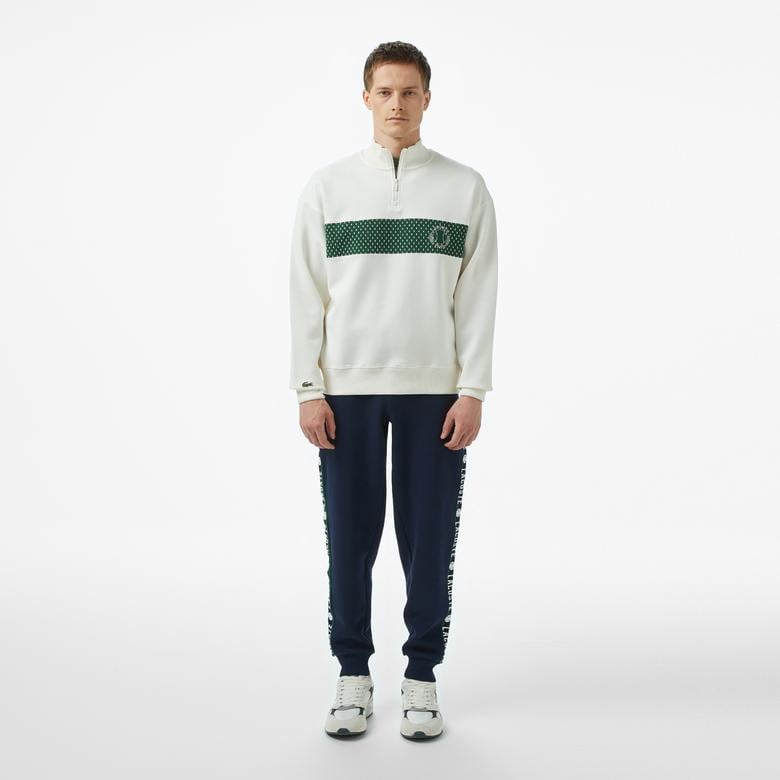 Erkek Loose Fit Yarım Fermuarlı Baskılı Beyaz Sweatshirt