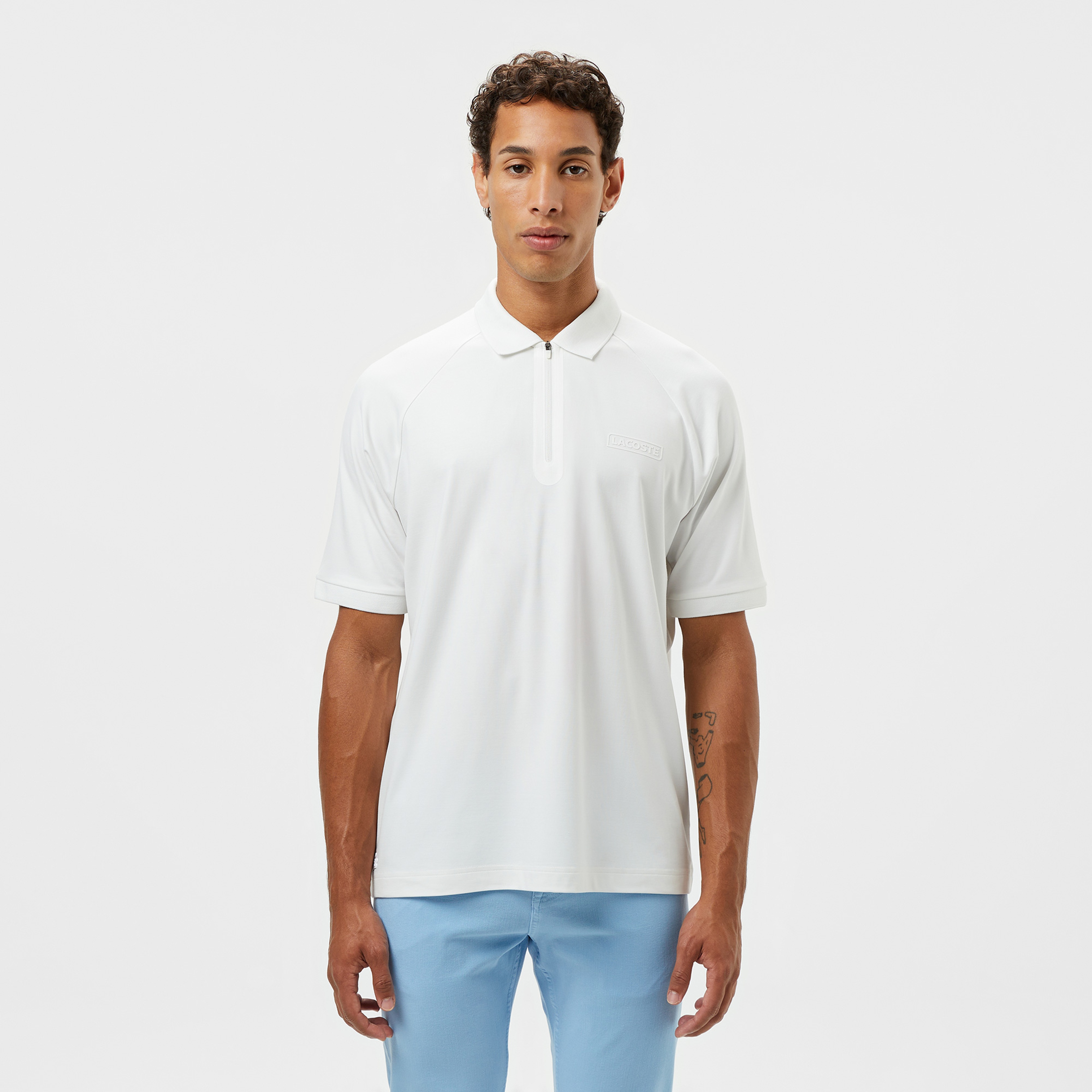 Erkek Oversize Fit Yarım Fermuarlı Beyaz Polo