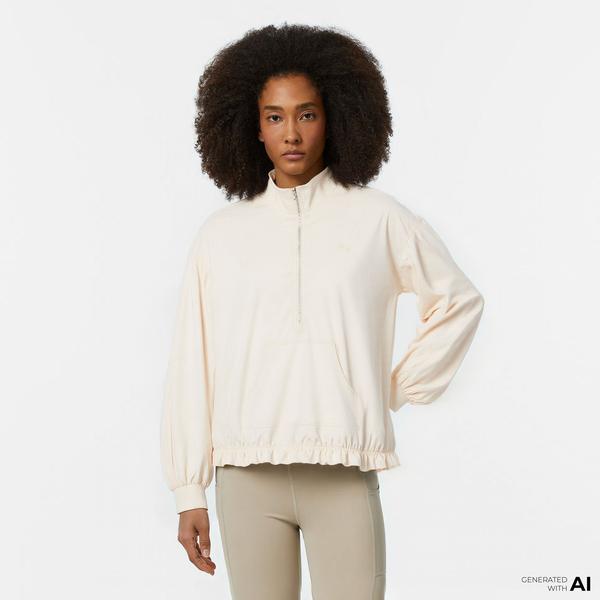 Kadın Oversize Fit Yarım Fermuarlı Krem Sweatshirt