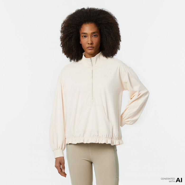 Kadın Oversize Fit Yarım Fermuarlı Krem Sweatshirt