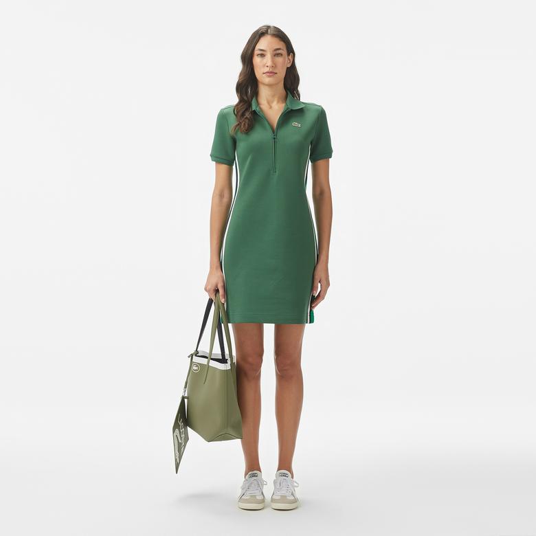 Kadın Classic Fit Kısa Kollu Yarım Fermuarlı Renk Bloklu Koyu Yeşil Elbise