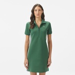 Kadın Classic Fit Kısa Kollu Yarım Fermuarlı Renk Bloklu Koyu Yeşil Elbise