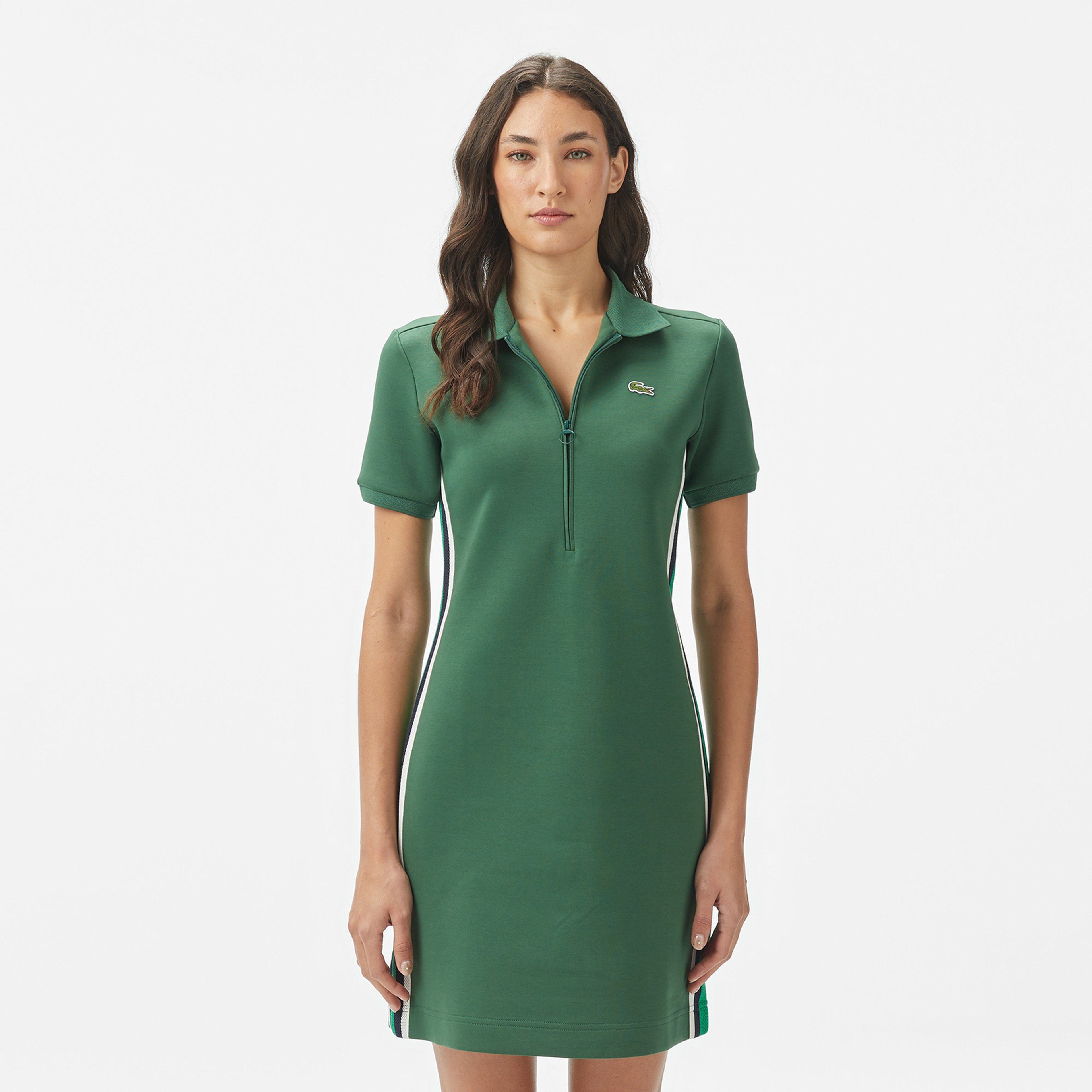 Kadın Classic Fit Kısa Kollu Yarım Fermuarlı Renk Bloklu Koyu Yeşil Elbise