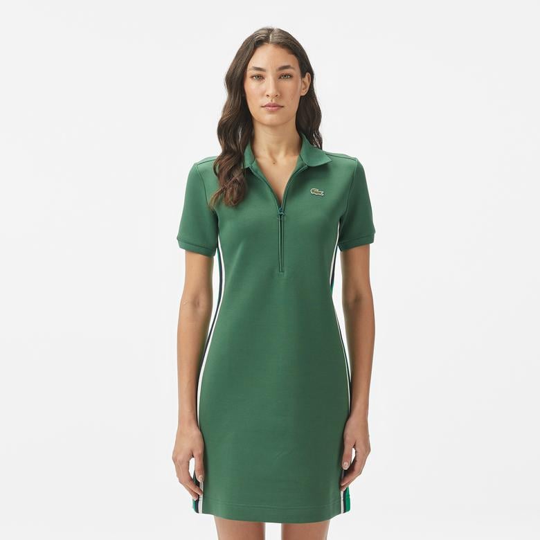 Kadın Classic Fit Kısa Kollu Yarım Fermuarlı Renk Bloklu Koyu Yeşil Elbise