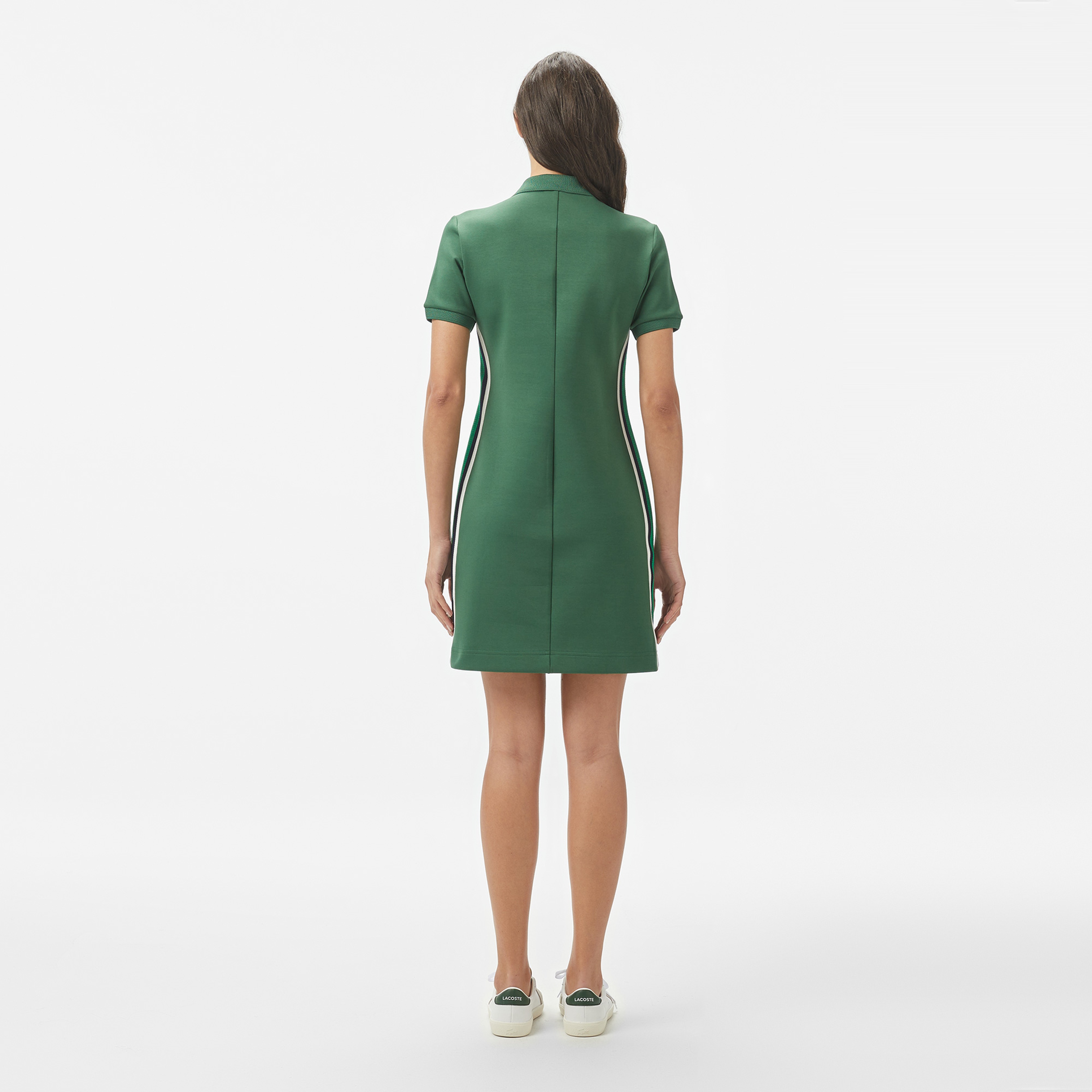 Kadın Classic Fit Kısa Kollu Yarım Fermuarlı Renk Bloklu Koyu Yeşil Elbise