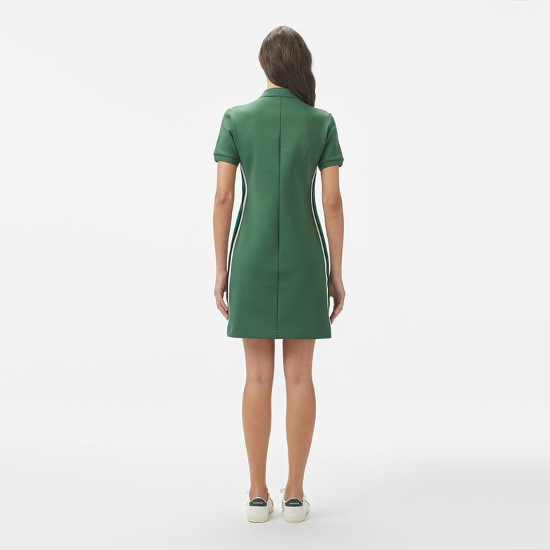 Kadın Classic Fit Kısa Kollu Yarım Fermuarlı Renk Bloklu Koyu Yeşil Elbise