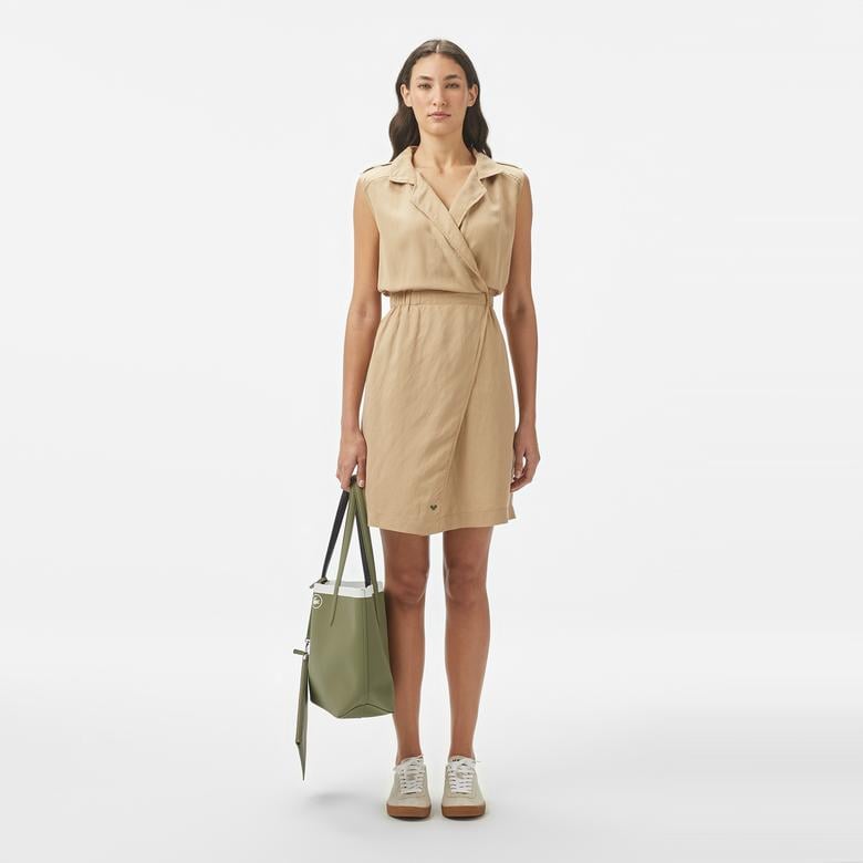 Kadın Classic Fit Kolsuz Bej Elbise