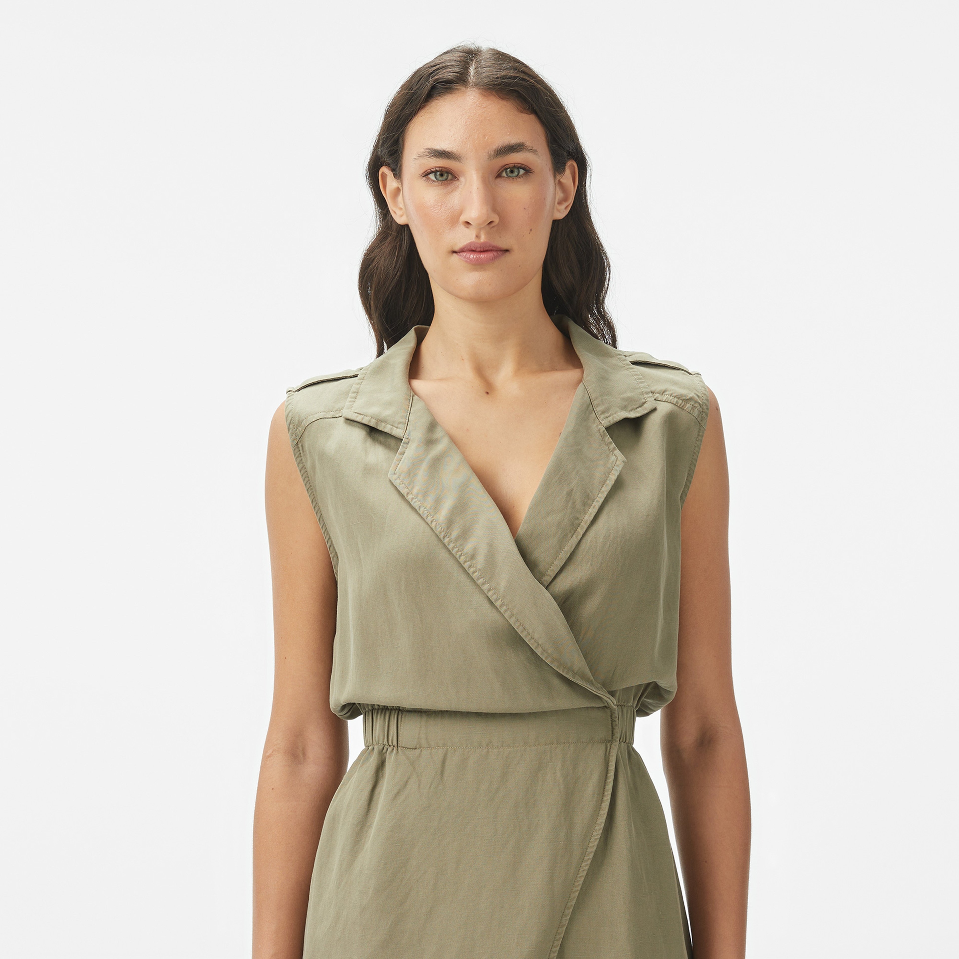 Kadın Classic Fit Kolsuz Haki Elbise