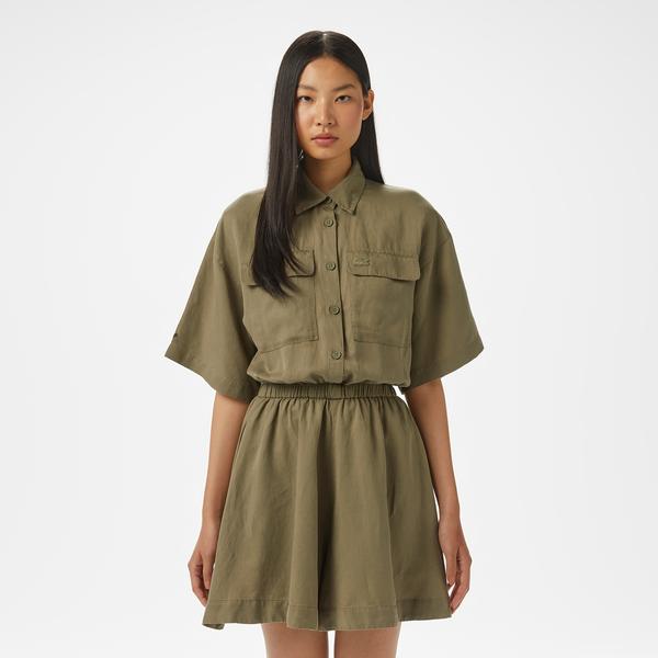 Kadın Flare Fit Kısa Kollu Gömlek Yaka Haki Elbise