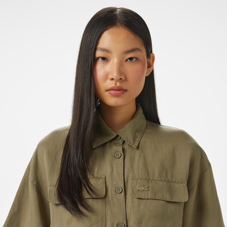 Kadın Flare Fit Kısa Kollu Gömlek Yaka Haki Elbise