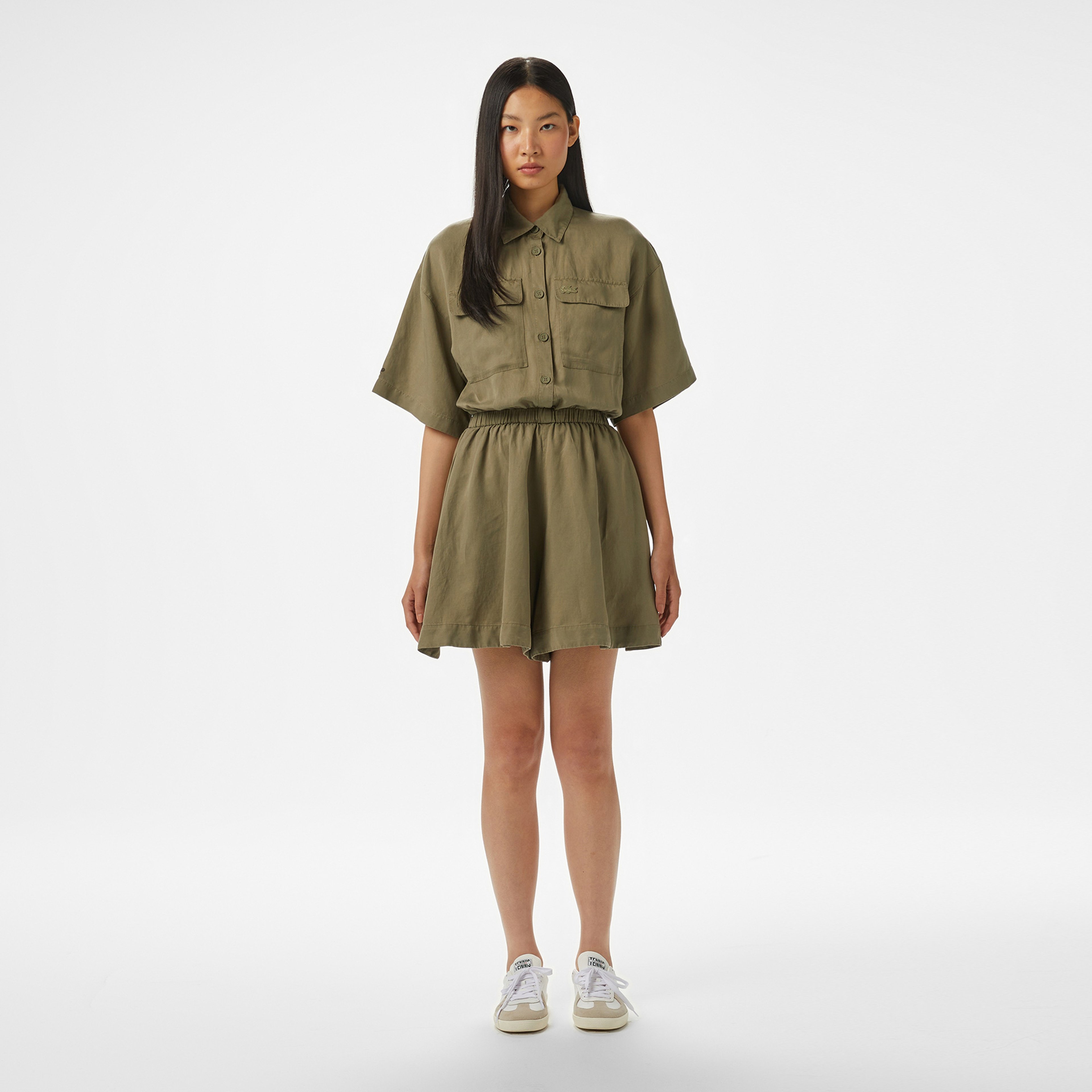 Kadın Flare Fit Kısa Kollu Gömlek Yaka Haki Elbise