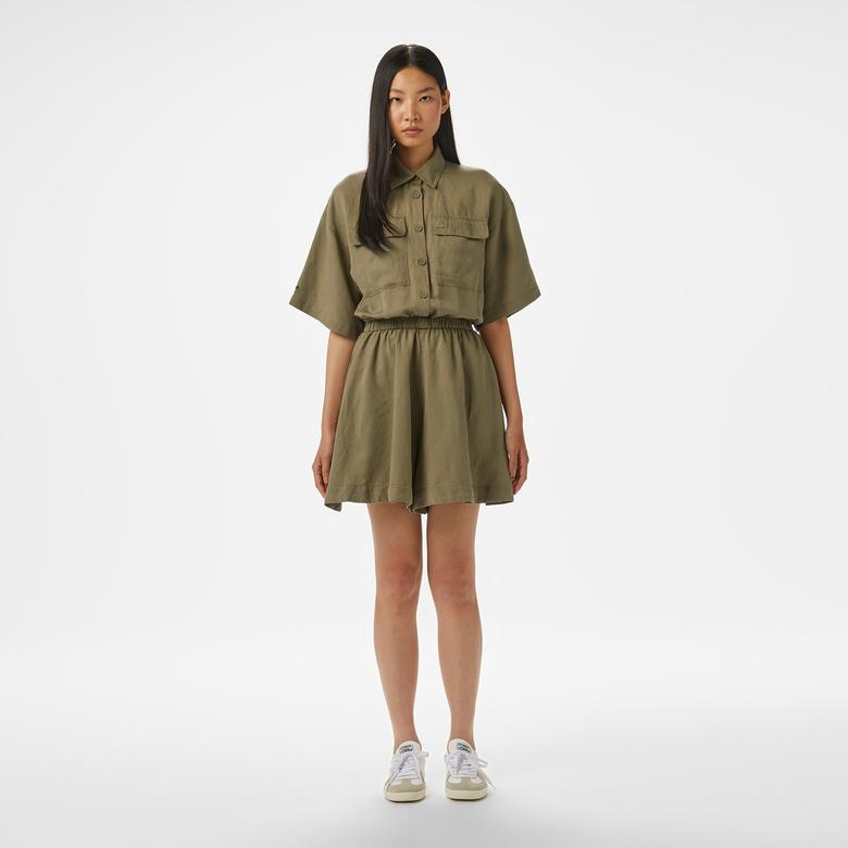 Kadın Flare Fit Kısa Kollu Gömlek Yaka Haki Elbise