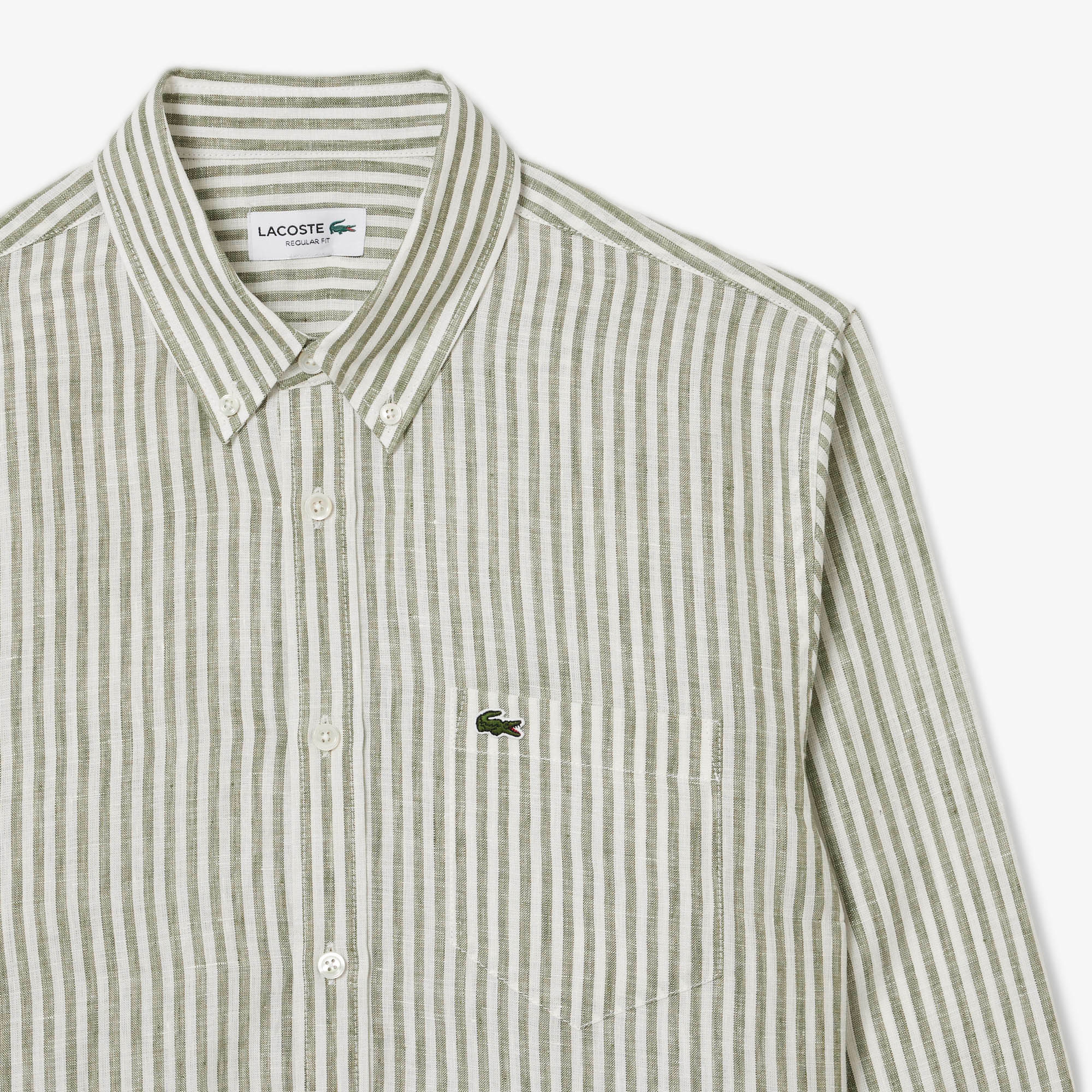 Erkek Regular Fit Düğmeli Yaka Çizgili Keten Haki Gömlek