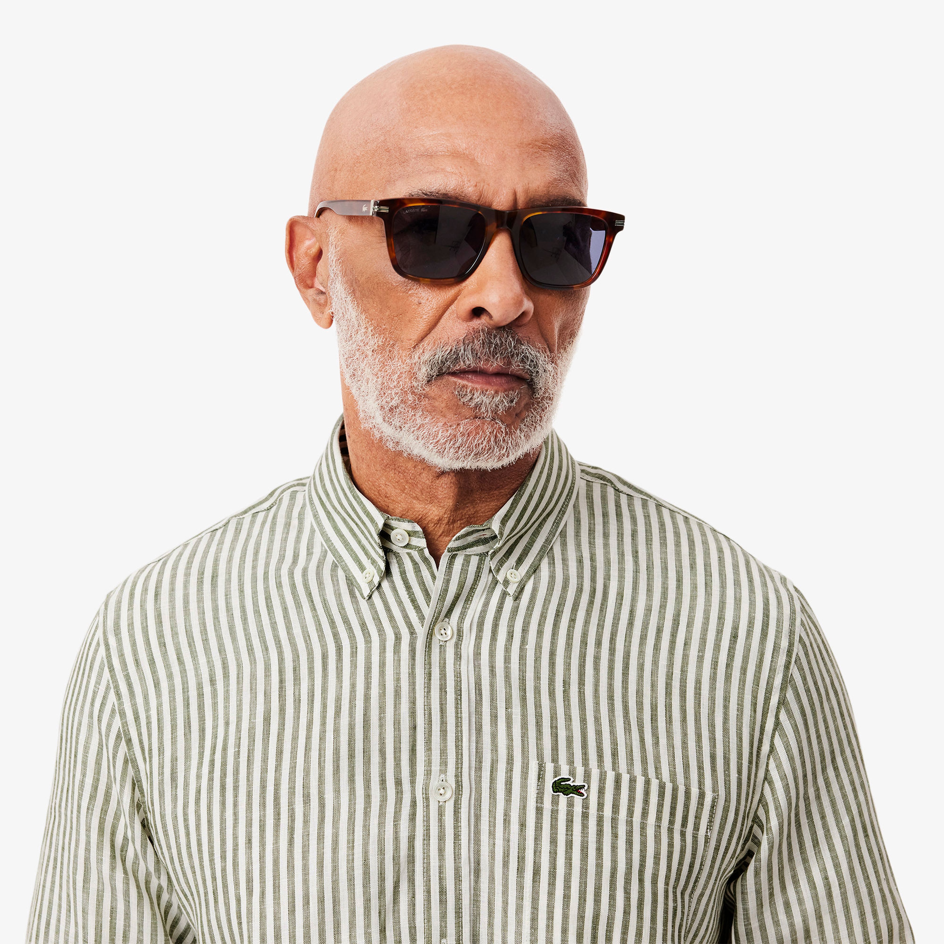 Erkek Regular Fit Düğmeli Yaka Çizgili Keten Haki Gömlek