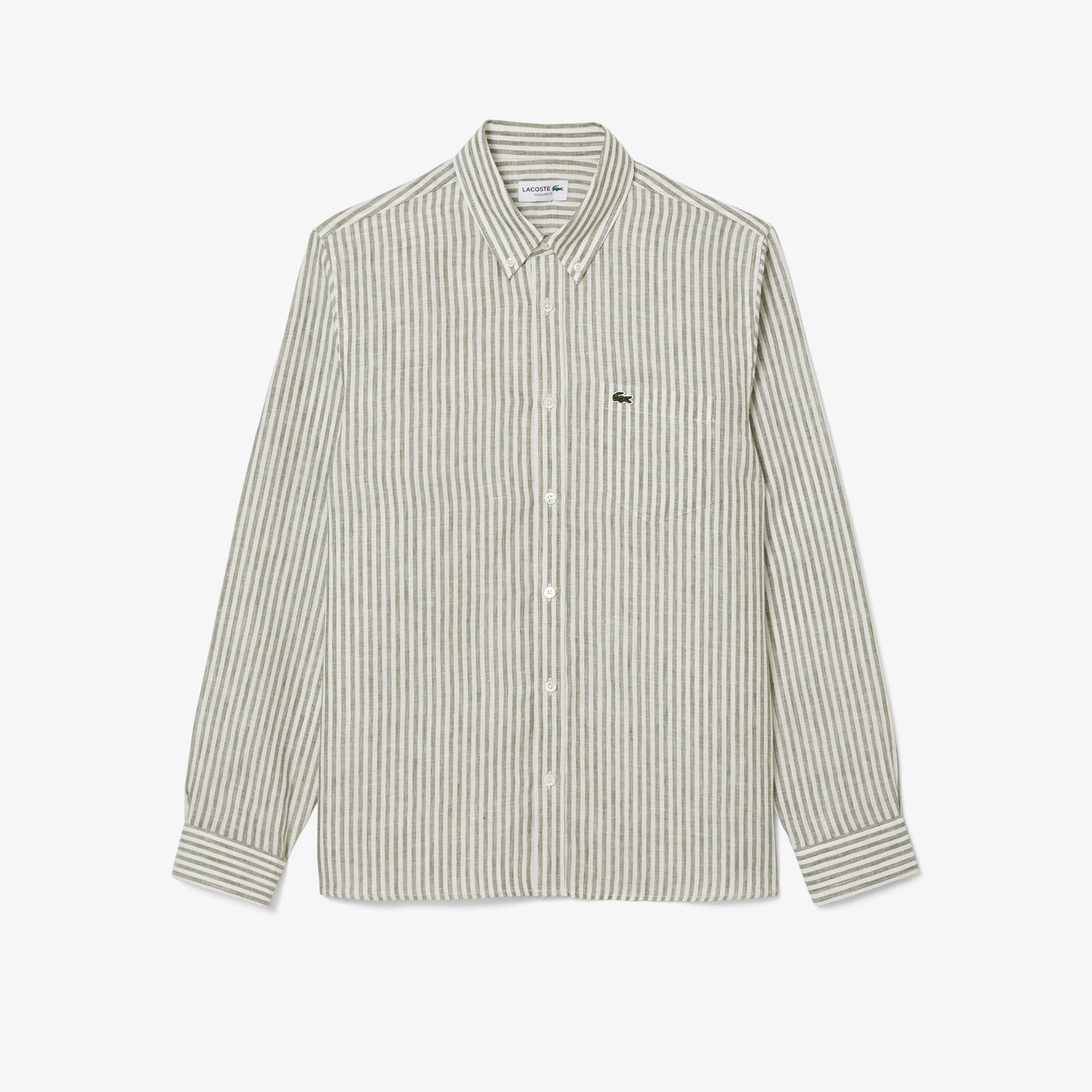 Erkek Regular Fit Düğmeli Yaka Çizgili Keten Haki Gömlek