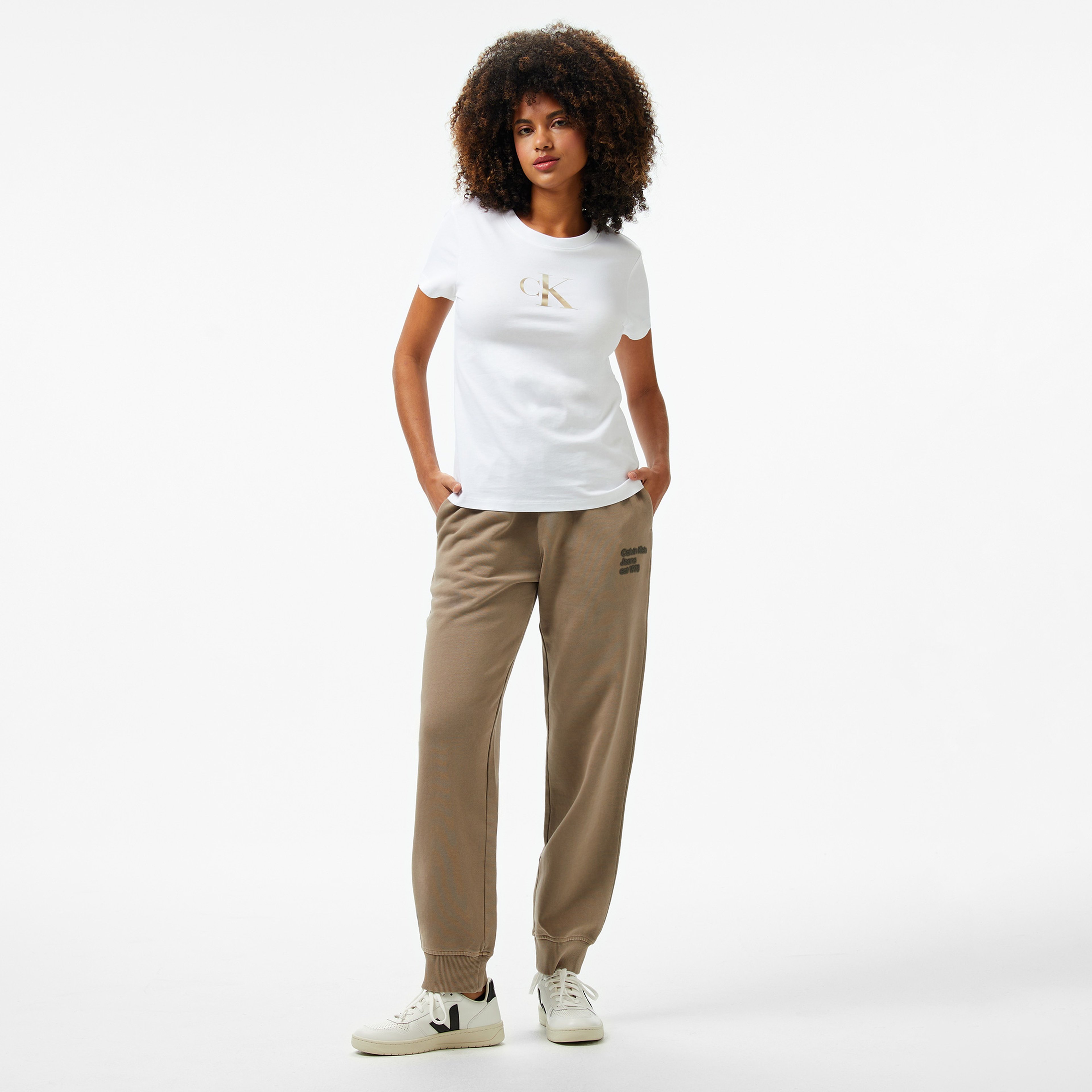 Calvin Klein Washed Puff Print Jog Kadın Bej Eşofman Altı