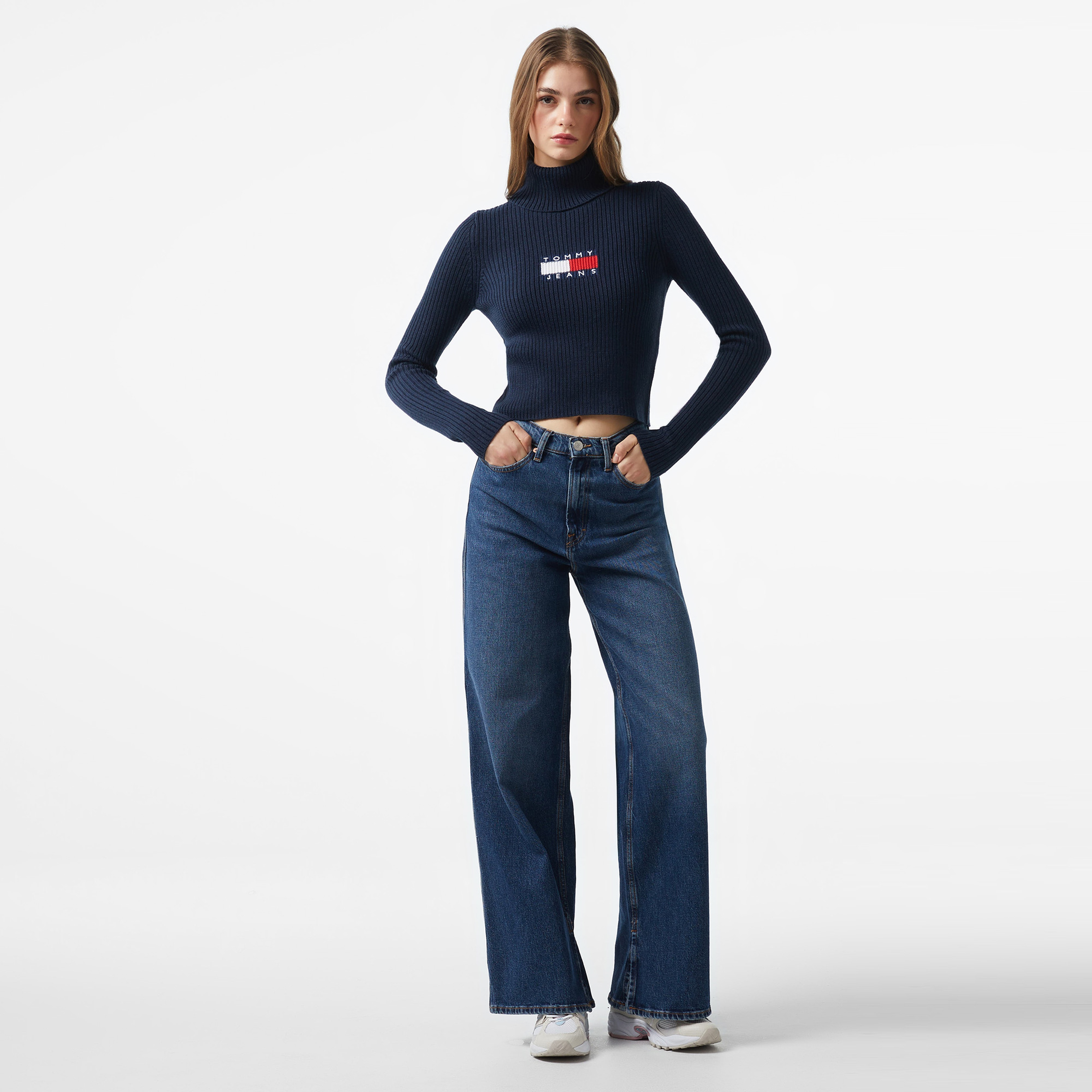 Tommy Hilfiger Jeans Melange Trtlnck Flag Kadın Lacivert Kazak