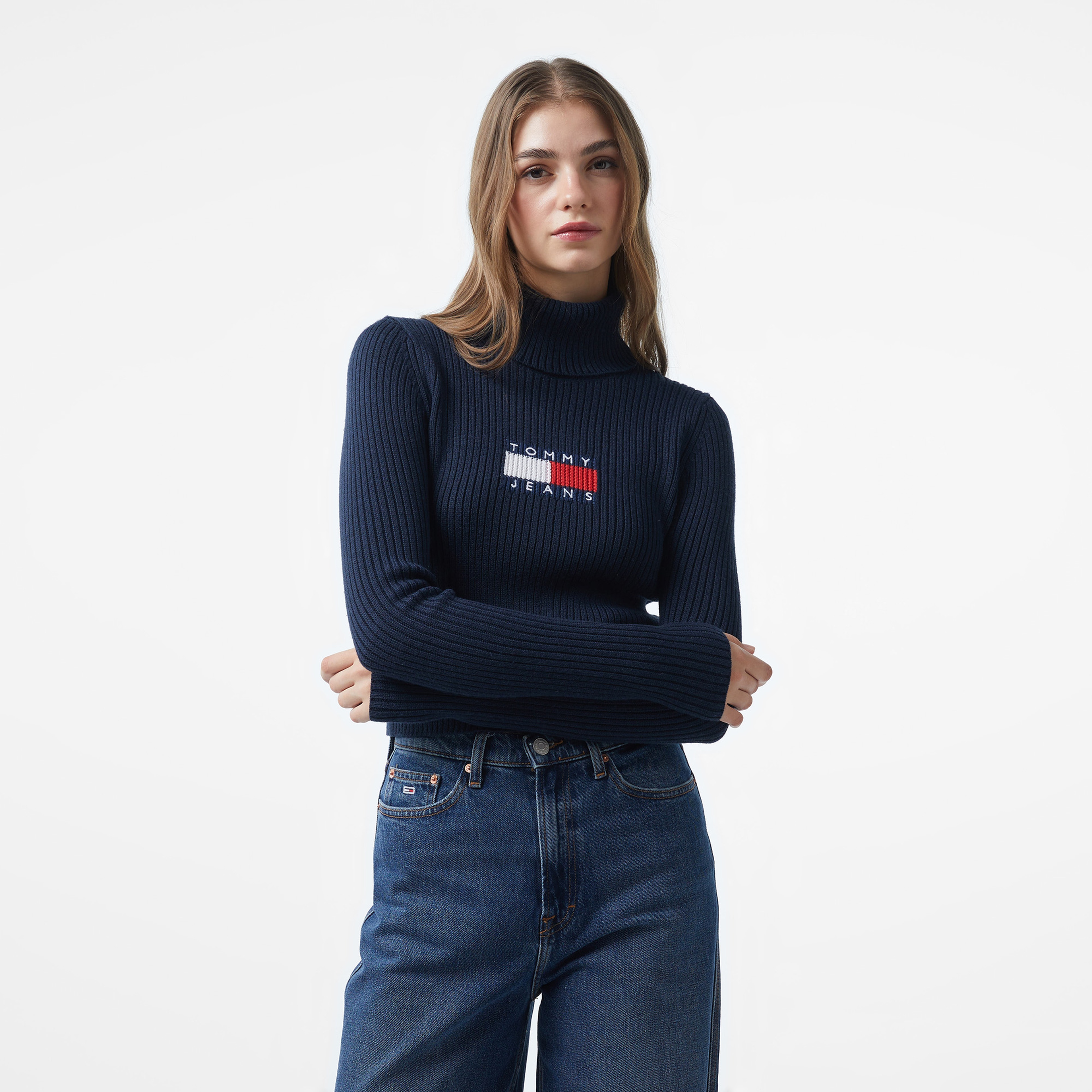 Tommy Hilfiger Jeans Melange Trtlnck Flag Kadın Lacivert Kazak