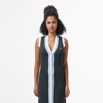 Kadın Flare Fit Kolsuz V Yaka Renk Bloklu Koyu Yeşil Elbise