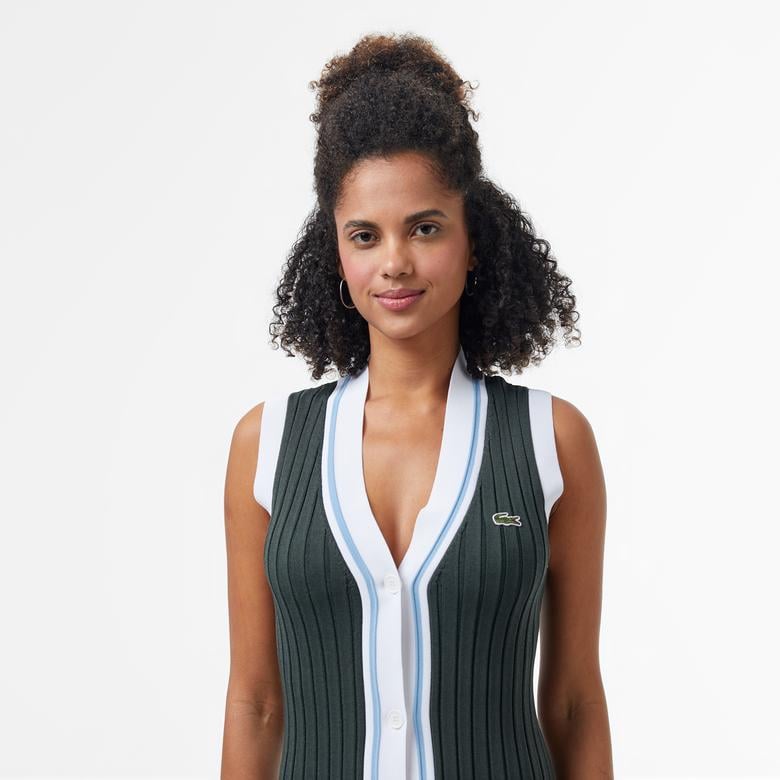 Kadın Flare Fit Kolsuz V Yaka Renk Bloklu Koyu Yeşil Elbise