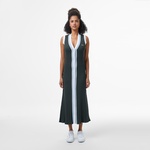 Kadın Flare Fit Kolsuz V Yaka Renk Bloklu Koyu Yeşil Elbise