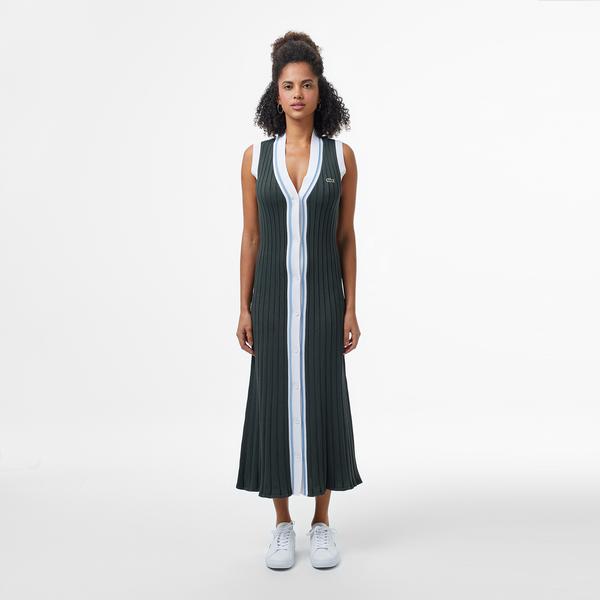 Kadın Flare Fit Kolsuz V Yaka Renk Bloklu Koyu Yeşil Elbise