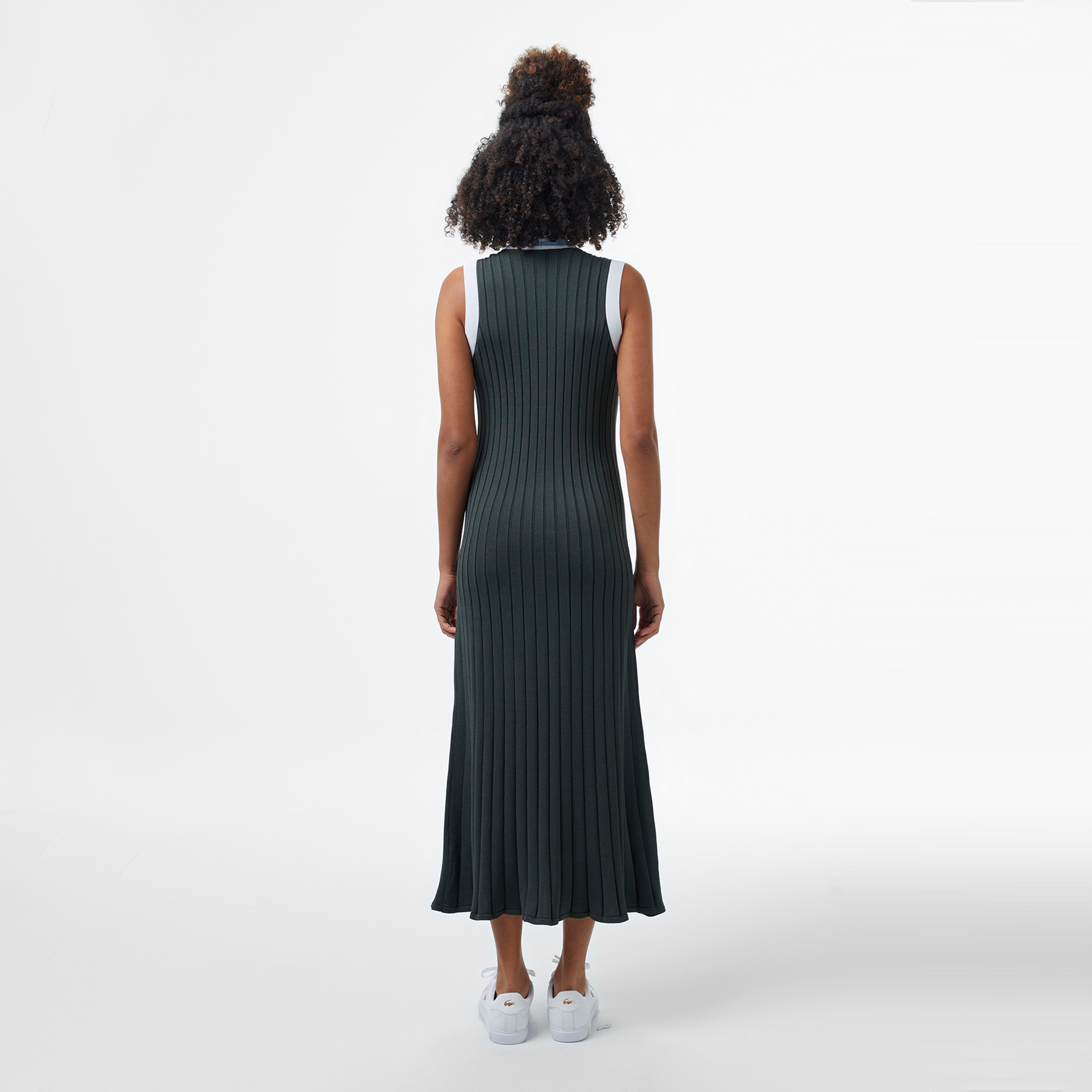 Kadın Flare Fit Kolsuz V Yaka Renk Bloklu Koyu Yeşil Elbise