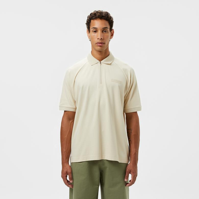 Erkek Oversize Fit Yarım Fermuarlı Bej Polo