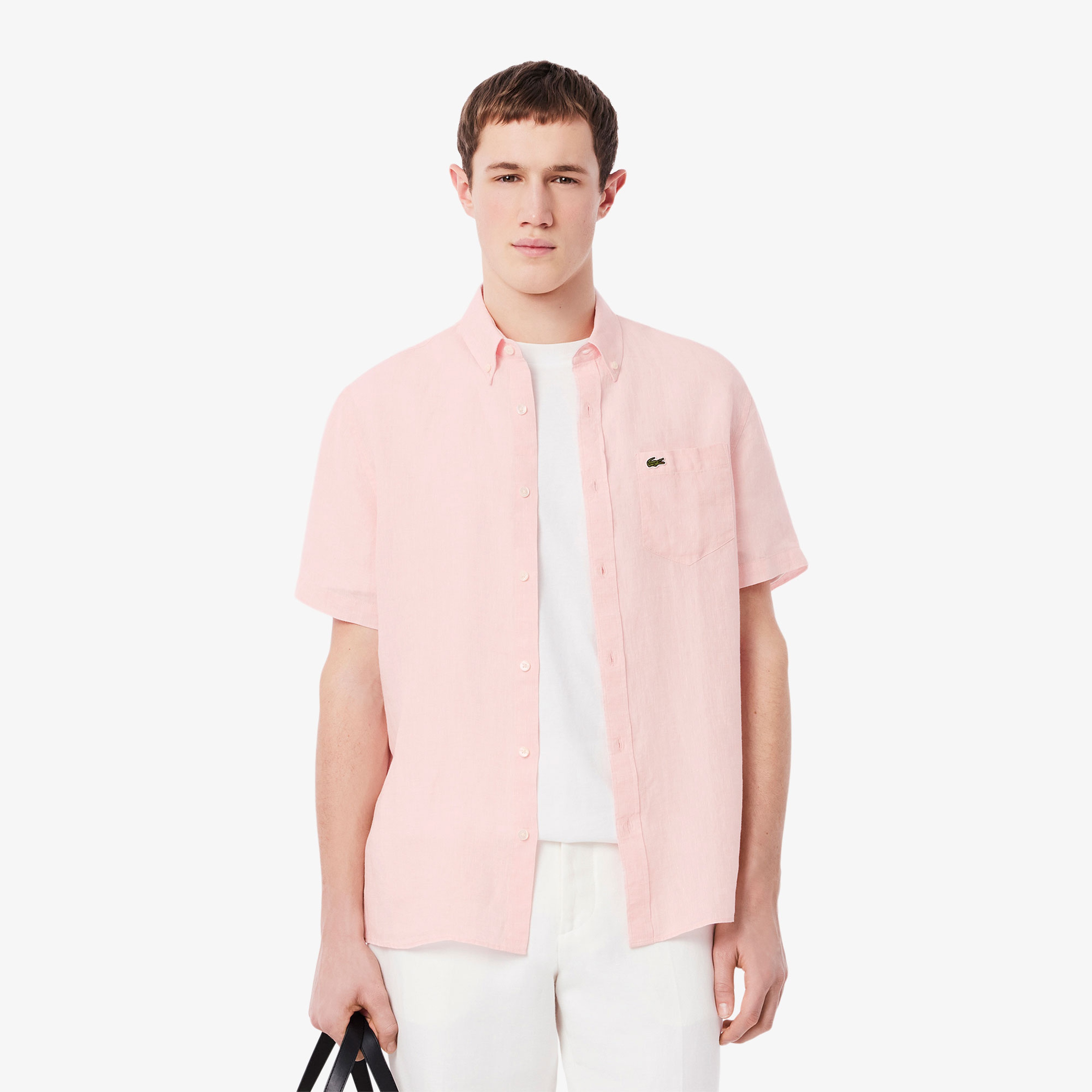 Lacoste Erkek Regular Fit Kısa Kollu Düğmeli Yaka Keten Açık Pembe Gömlek