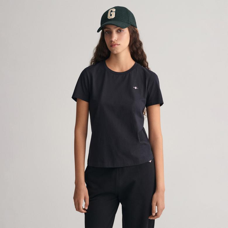 GANT Kadın Siyah Regular Fit Bisiklet Yaka T-Shirt
