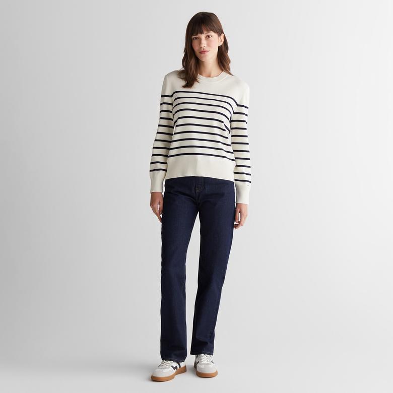 GANT Kadın Krem Regular Fit Bisiklet Yaka Çizgili Kazak