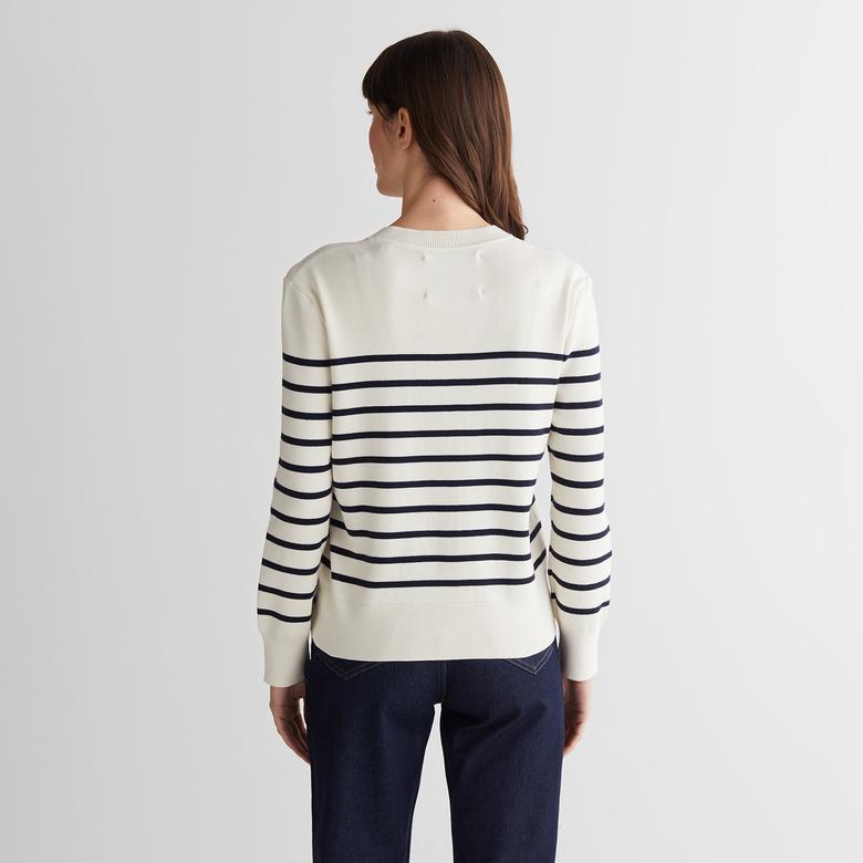 GANT Kadın Krem Regular Fit Bisiklet Yaka Çizgili Kazak