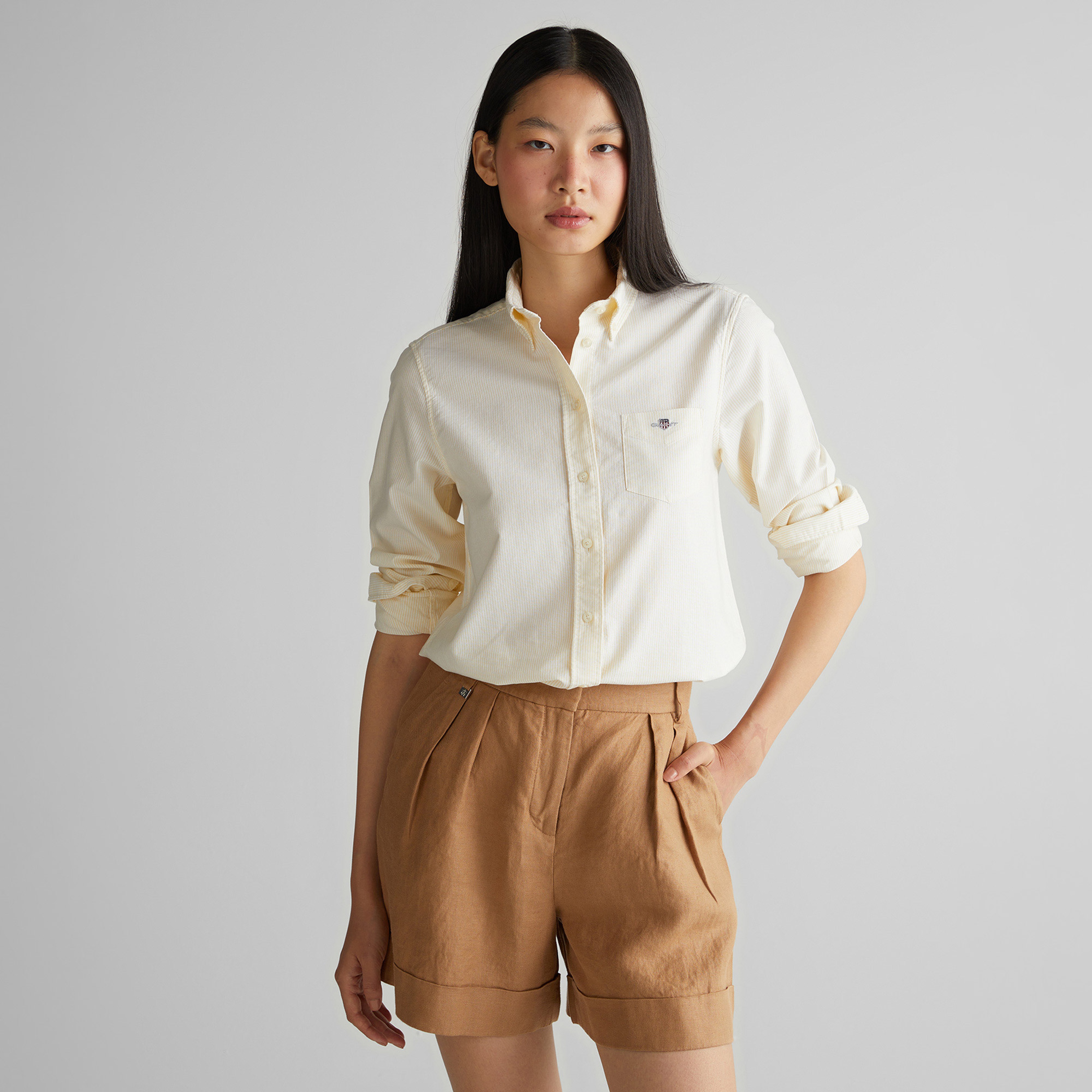 GANT Kadın Sarı Regular Fit Düğmeli Yaka Çizgili Gömlek