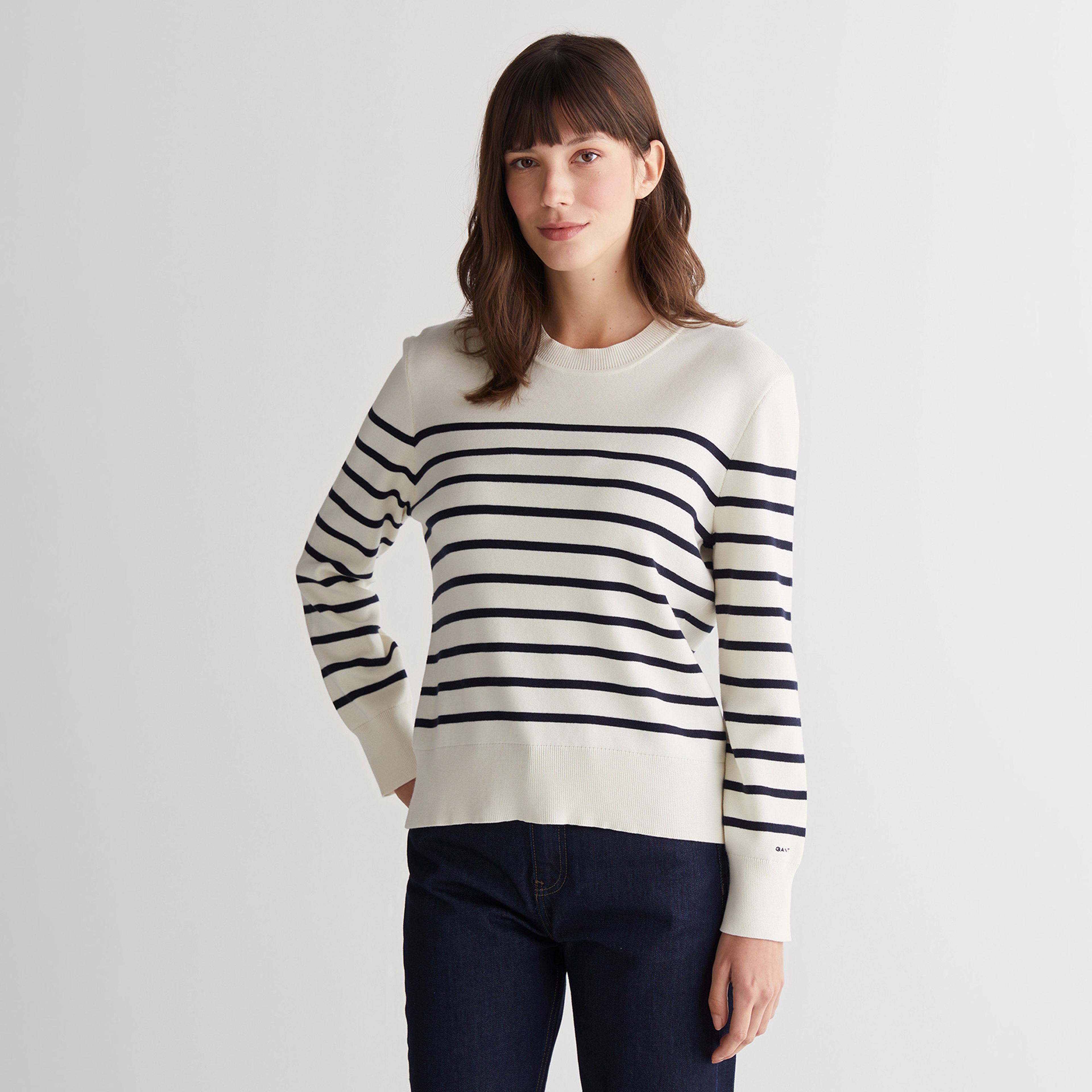 GANT Kadın Krem Regular Fit Bisiklet Yaka Çizgili Kazak