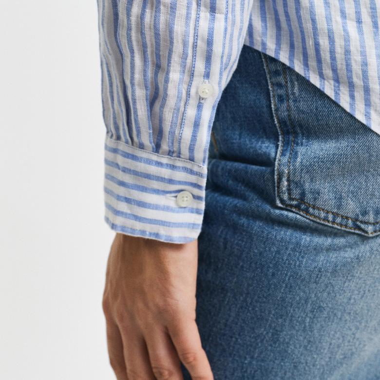 GANT Kadın Mavi Regular Fit Klasik Yaka Çizgili Keten Gömlek