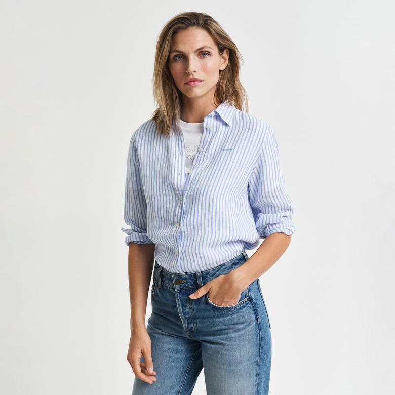 GANT Kadın Mavi Regular Fit Klasik Yaka Çizgili Keten Gömlek