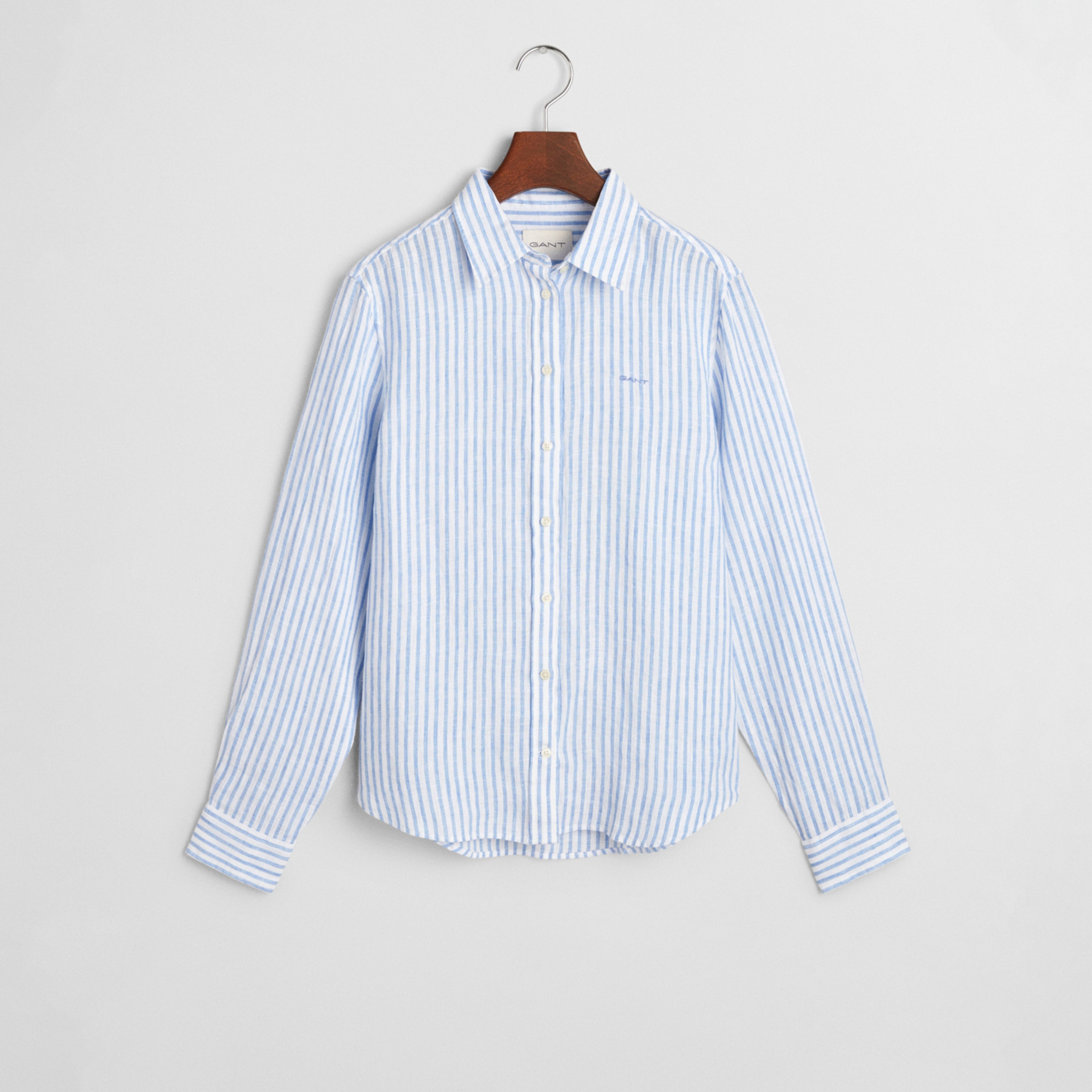 GANT Kadın Mavi Regular Fit Klasik Yaka Çizgili Keten Gömlek