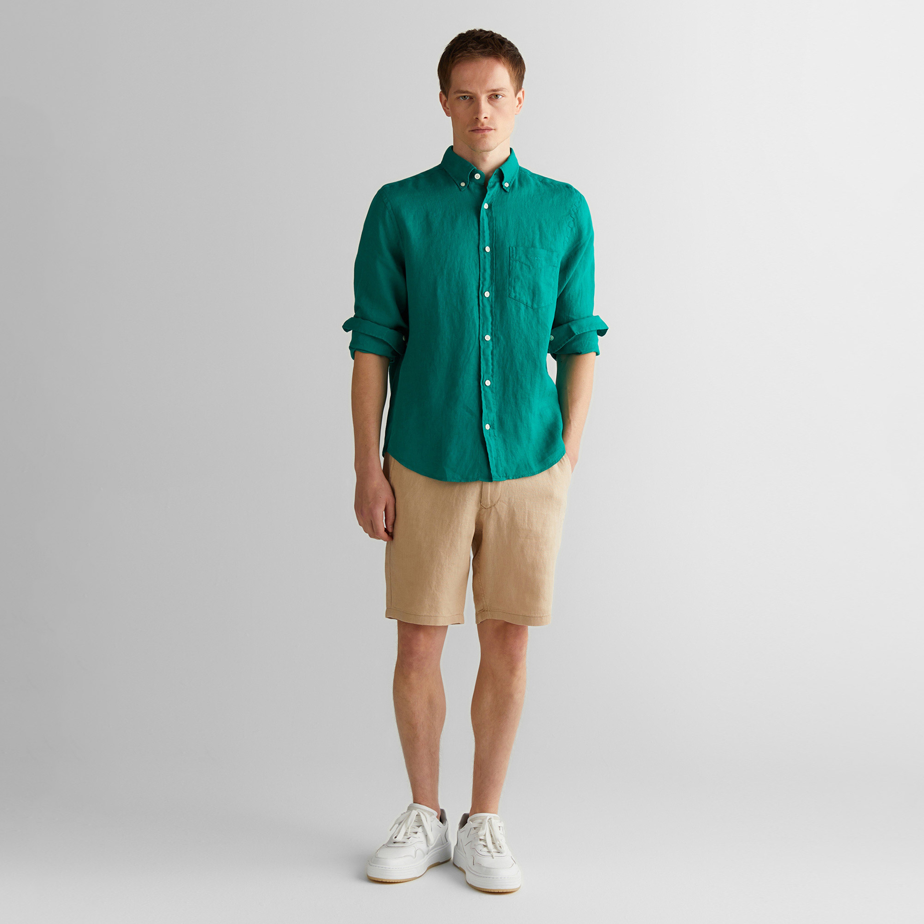 GANT Erkek Yeşil Regular Fit Düğmeli Yaka Keten Gömlek